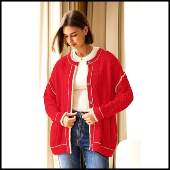 Oversized Cable Knit Cardigan Sweater Lightweight Button Front Pockets - Picture 5 of 7